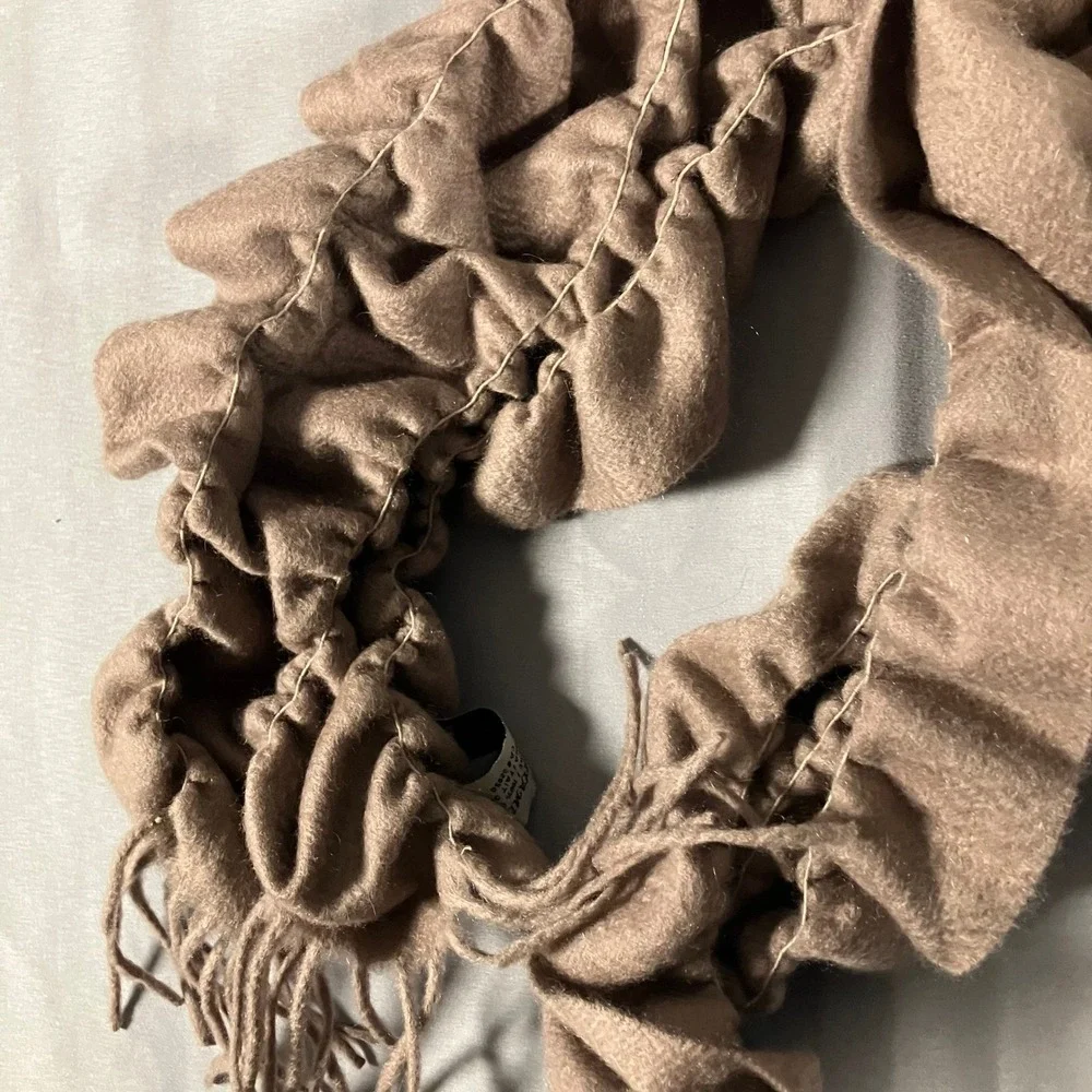 SAYAMI 100% Cashmere Ruched‎ Scarf Shawl Taupe Fringe